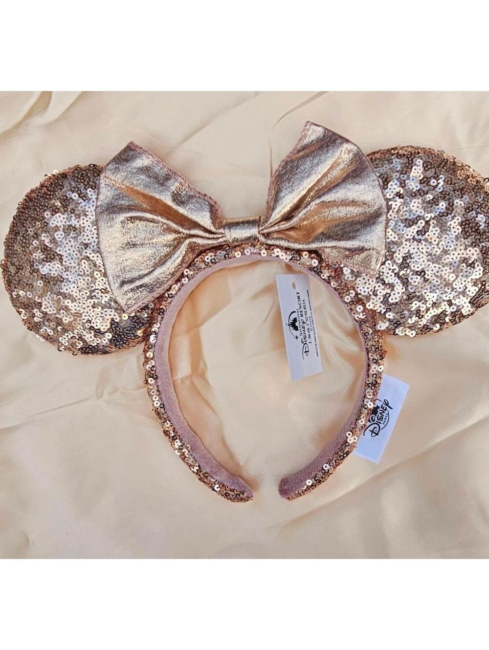 Rose Gold Sequin Bow Minnie Ears Headband Sparkly Bling NWT